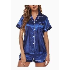 Womens Silk Satin Pajamas Set Loungewear Button-Down Pj Sets (Blue)